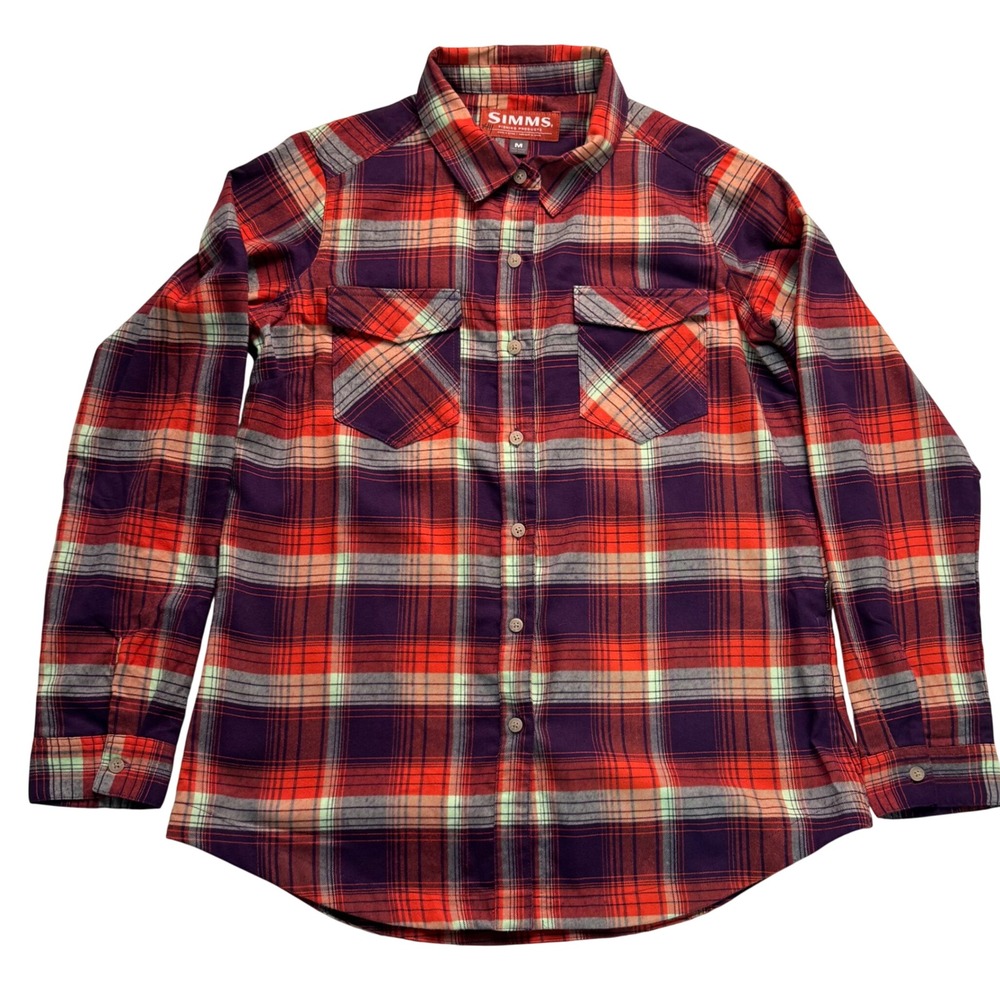 Simms Fishing Flannel Womens M Red Purple Plaid Flannel Long Sleeve Shirt